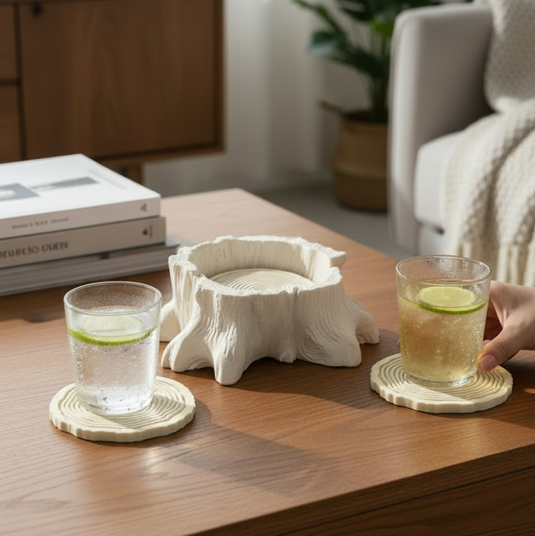 Timber Nest Ağaç Yuvası Bardak Altlığı Seti | Ahşap Tasarım + 4 Halka Hediye