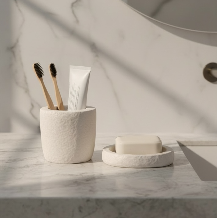 Vita Bath Duo Banyo Seti | Taş Tasarım Sabunluk & Diş Fırçalığı