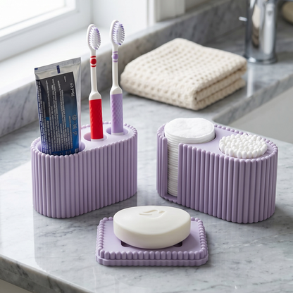 Perla Banyo Seti | 3 Parça — Diş Fırçalığı, Pamuk & Kulak Çubuğu Standı, Sabunluk
