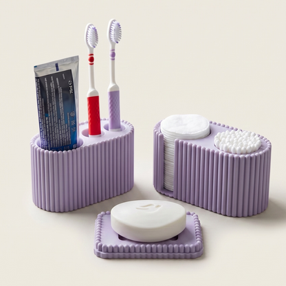 Perla Banyo Seti | 3 Parça — Diş Fırçalığı, Pamuk & Kulak Çubuğu Standı, Sabunluk