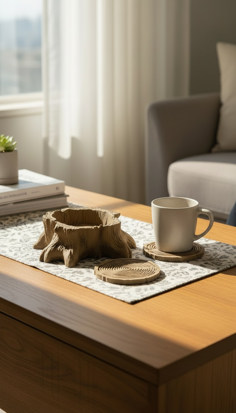Timber Nest Ağaç Yuvası Bardak Altlığı Seti | Ahşap Tasarım + 4 Halka Hediye