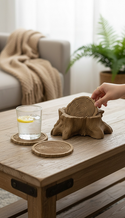 Timber Nest Ağaç Yuvası Bardak Altlığı Seti | Ahşap Tasarım + 4 Halka Hediye
