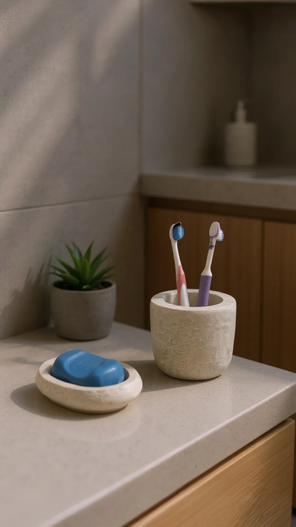 Vita Bath Duo Banyo Seti | Taş Tasarım Sabunluk & Diş Fırçalığı