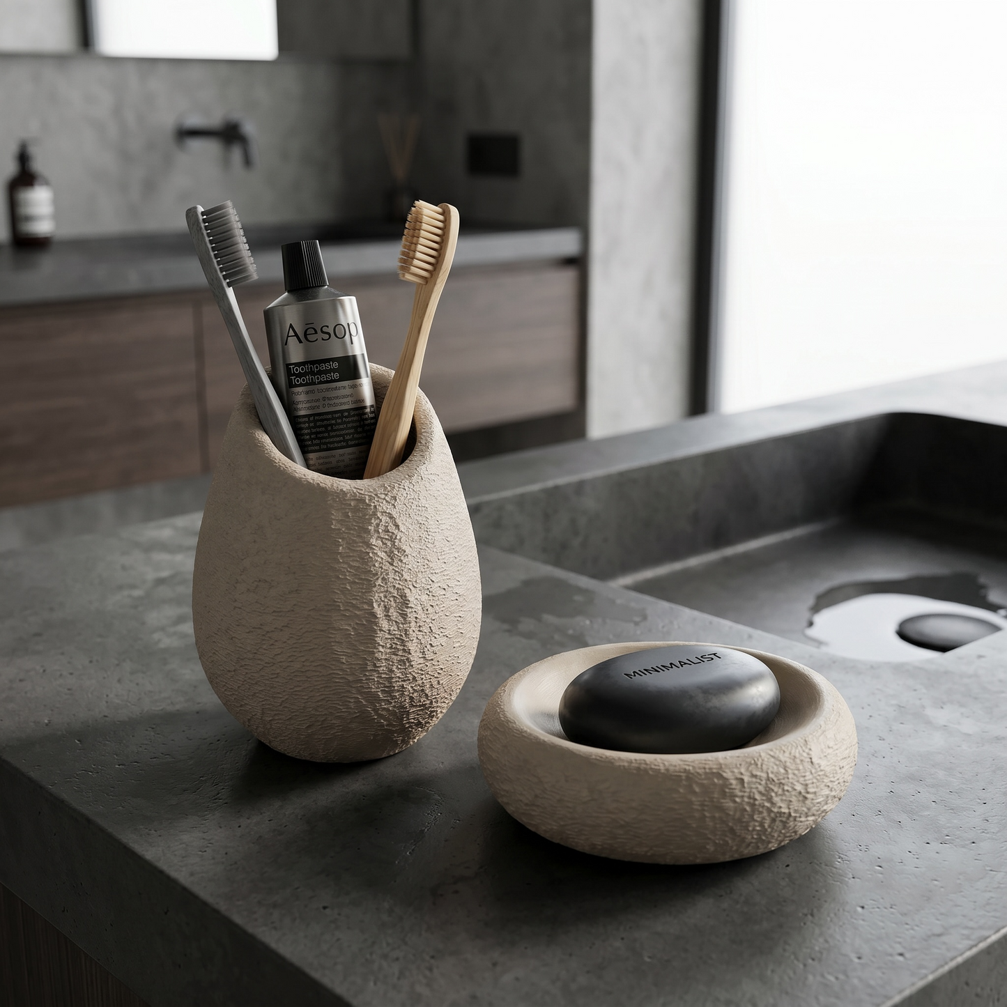 Skadi Stone Banyo Seti | Sabunluk ve Diş Fırçalığı