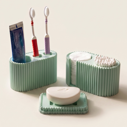 Perla Banyo Seti | 3 Parça — Diş Fırçalığı, Pamuk & Kulak Çubuğu Standı, Sabunluk