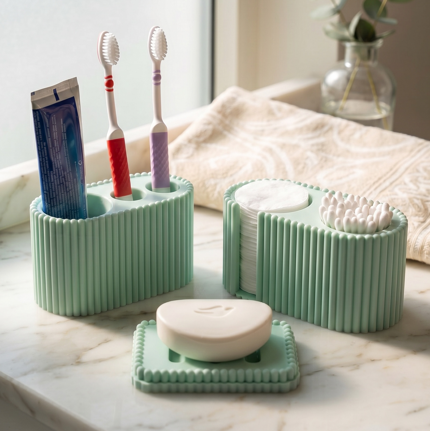Perla Banyo Seti | 3 Parça — Diş Fırçalığı, Pamuk & Kulak Çubuğu Standı, Sabunluk